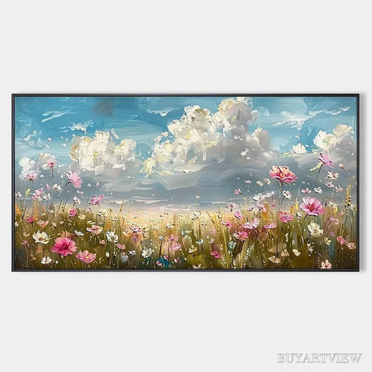 BUYARTVIEW Cosmos Field – Textured Floral Landscape Painting, Impasto , Horizontal Canvas, Wildflower Decor - image 1