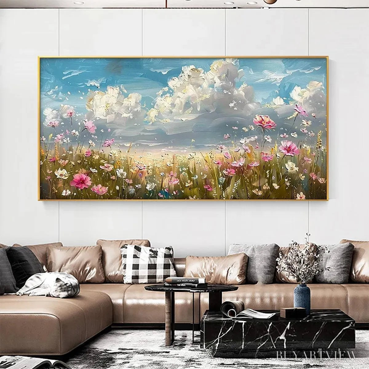 BUYARTVIEW Cosmos Field – Textured Floral Landscape Painting, Impasto , Horizontal Canvas, Wildflower Decor - image 2