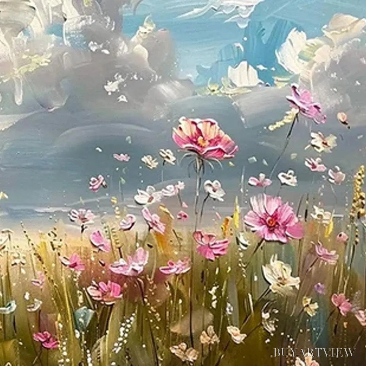 BUYARTVIEW Cosmos Field – Textured Floral Landscape Painting, Impasto , Horizontal Canvas, Wildflower Decor - image 3