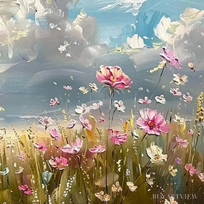 BUYARTVIEW Cosmos Field – Textured Floral Landscape Painting, Impasto , Horizontal Canvas, Wildflower Decor - image 3