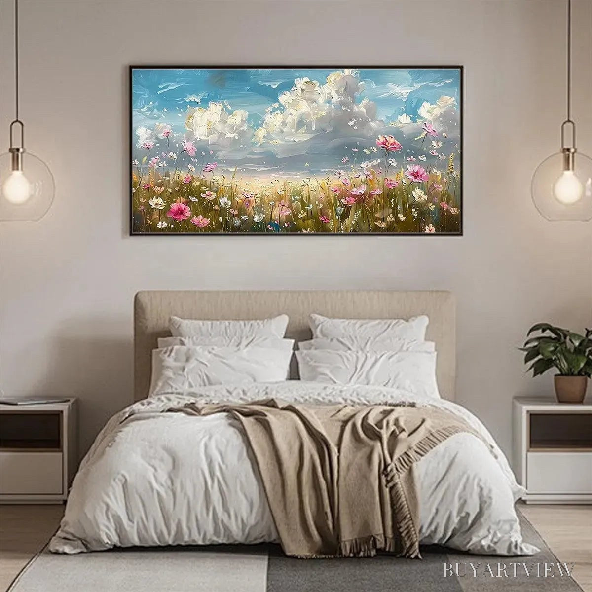 BUYARTVIEW Cosmos Field – Textured Floral Landscape Painting, Impasto , Horizontal Canvas, Wildflower Decor - image 4