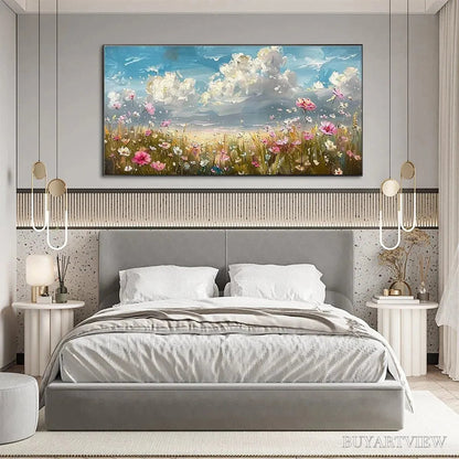 BUYARTVIEW Cosmos Field – Textured Floral Landscape Painting, Impasto , Horizontal Canvas, Wildflower Decor - image 5
