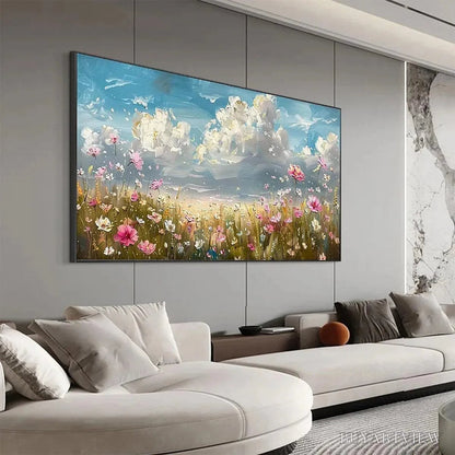 BUYARTVIEW Cosmos Field – Textured Floral Landscape Painting, Impasto , Horizontal Canvas, Wildflower Decor - image 6