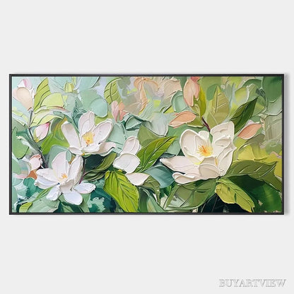 BUYARTVIEW Magnolia Blossoms – Textured Floral Painting, Impasto , Horizontal Canvas, Magnolia Decor - image 1