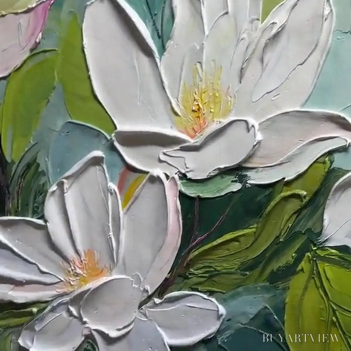 BUYARTVIEW Magnolia Blossoms – Textured Floral Painting, Impasto , Horizontal Canvas, Magnolia Decor - image 3