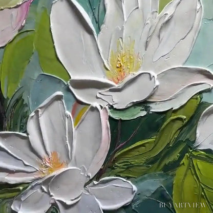 BUYARTVIEW Magnolia Blossoms – Textured Floral Painting, Impasto , Horizontal Canvas, Magnolia Decor - image 3