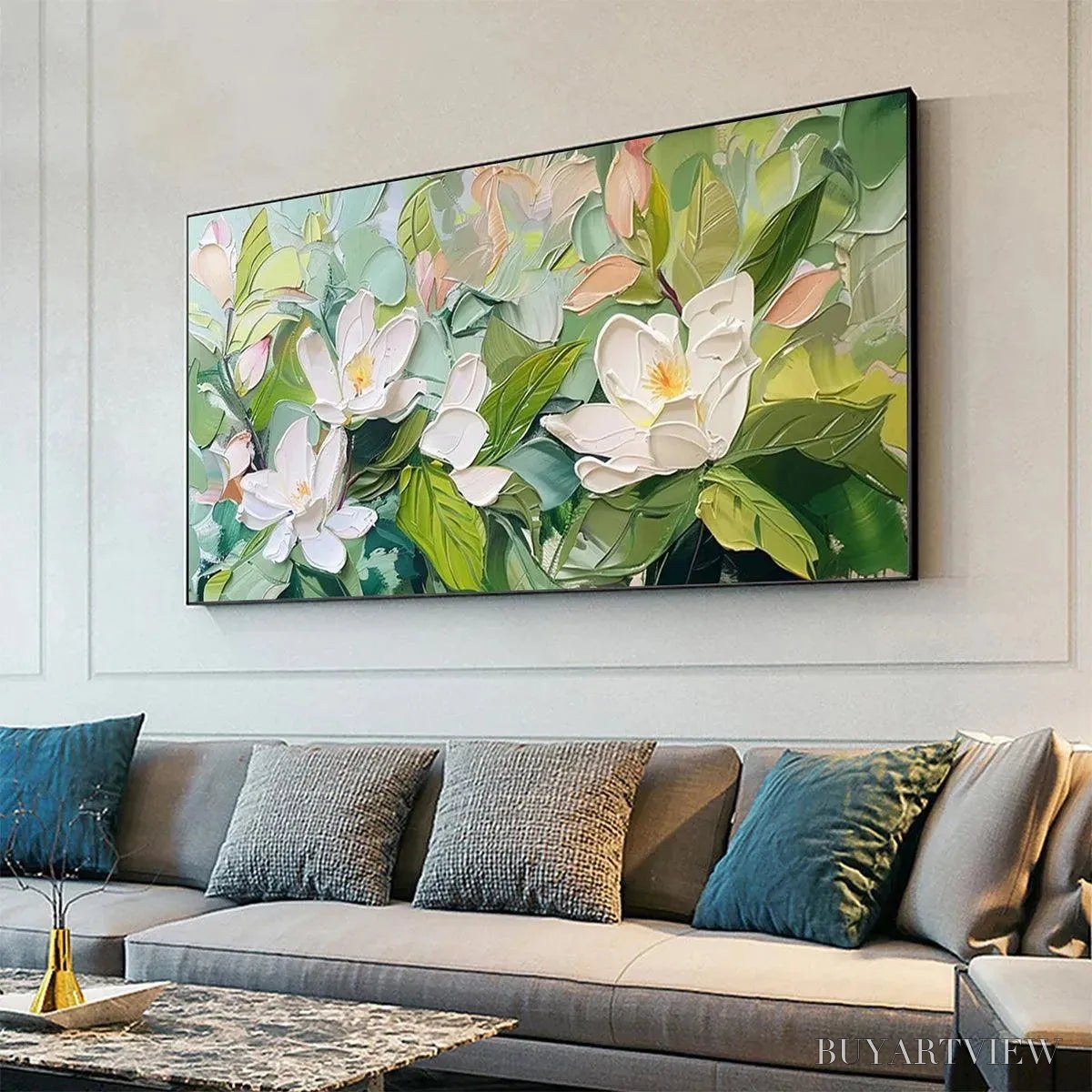 BUYARTVIEW Magnolia Blossoms – Textured Floral Painting, Impasto , Horizontal Canvas, Magnolia Decor - image 4