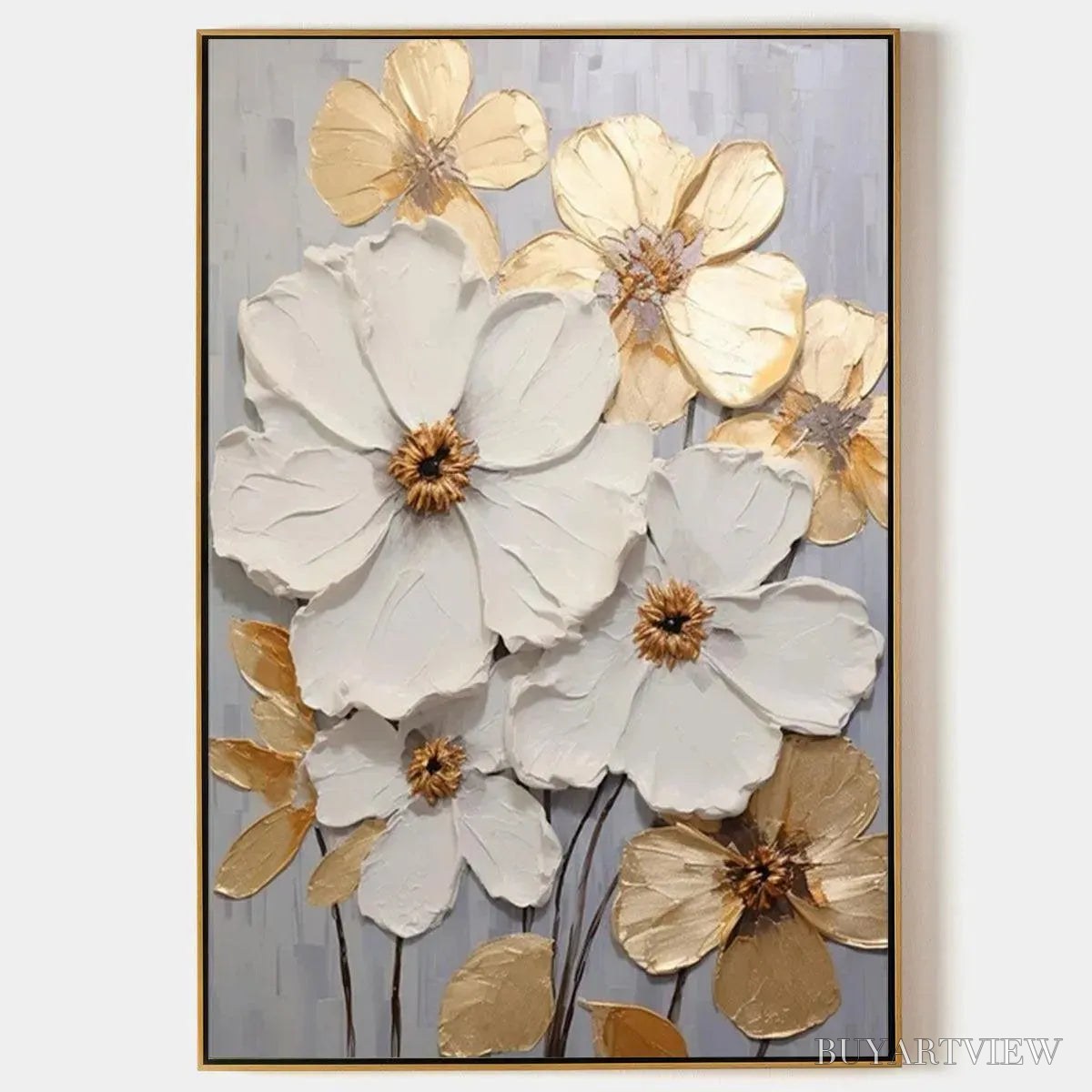 BUYARTVIEW Golden Whispers – Textured Floral Painting, Gold and White , Vertical Canvas, Impasto Decor - image 1