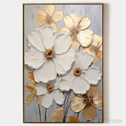 BUYARTVIEW Golden Whispers – Textured Floral Painting, Gold and White , Vertical Canvas, Impasto Decor - image 1