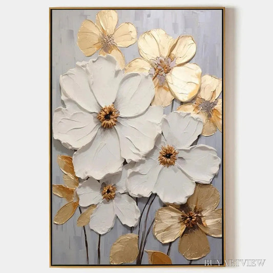 BUYARTVIEW Golden Whispers – Textured Floral Painting, Gold and White , Vertical Canvas, Impasto Decor - image 1