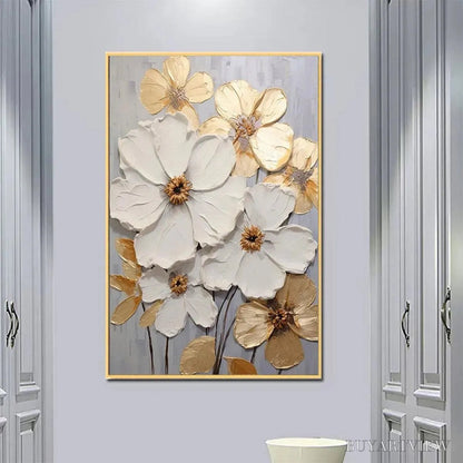 BUYARTVIEW Golden Whispers – Textured Floral Painting, Gold and White , Vertical Canvas, Impasto Decor - image 2