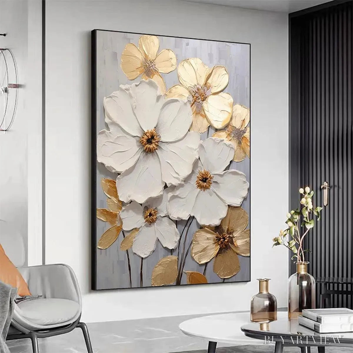 BUYARTVIEW Golden Whispers – Textured Floral Painting, Gold and White , Vertical Canvas, Impasto Decor - image 4