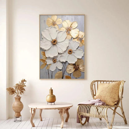 BUYARTVIEW Golden Whispers – Textured Floral Painting, Gold and White , Vertical Canvas, Impasto Decor - image 5
