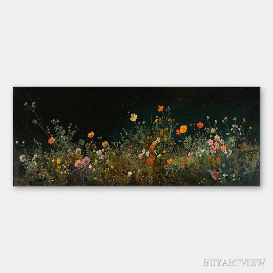 BUYARTVIEW Night Garden Panoramic – Wildflower Painting, Panoramic , Dark Floral Decor - image 1