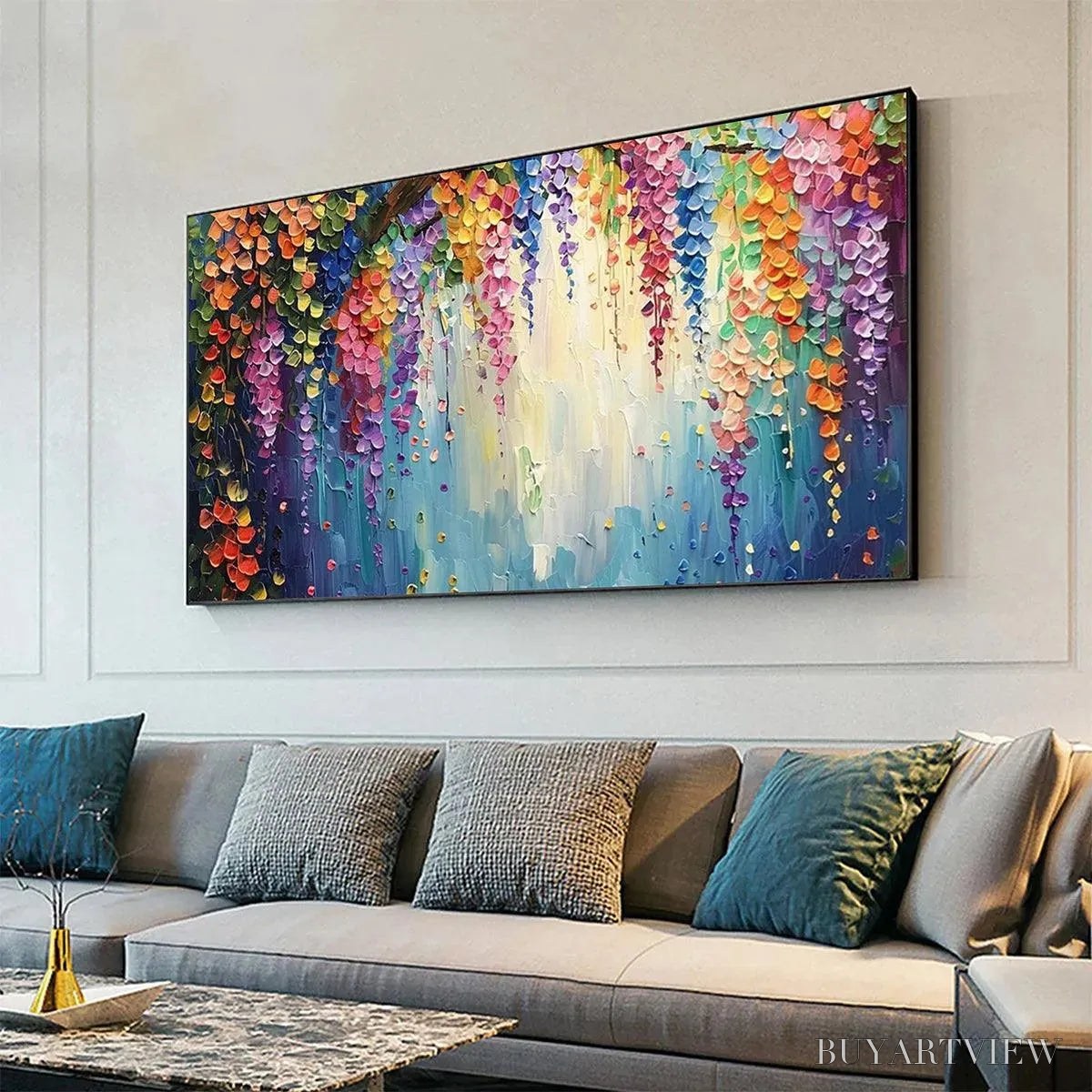 BUYARTVIEW Wisteria Waterfall – Textured Floral Painting, Colorful Wisteria , Panoramic Canvas, Impressionist Decor - image 4