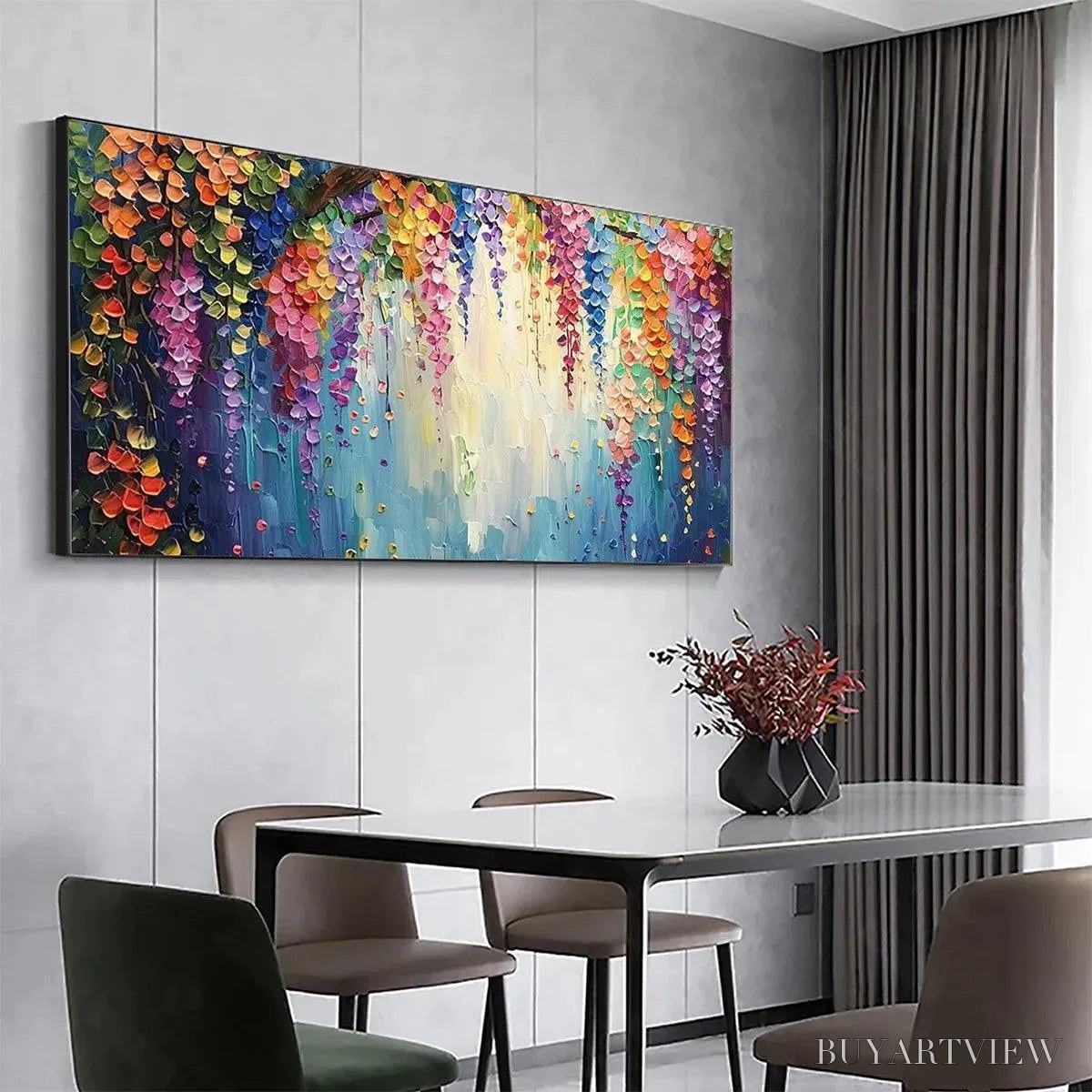 BUYARTVIEW Wisteria Waterfall – Textured Floral Painting, Colorful Wisteria , Panoramic Canvas, Impressionist Decor - image 5