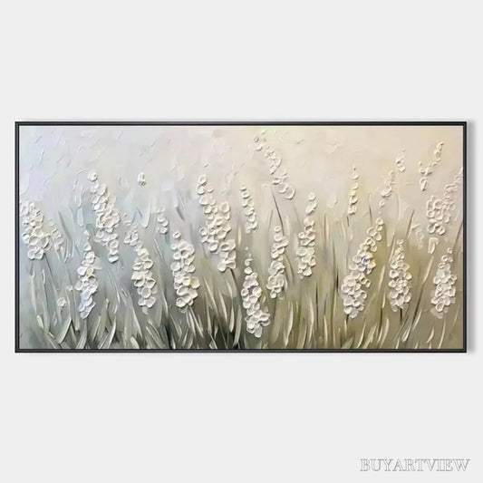BUYARTVIEW Whispering Fields – Textured White Floral Painting, 3D Flower , Panoramic Canvas, Serene Decor - image 1
