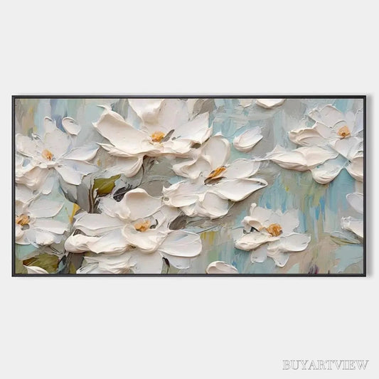 BUYARTVIEW White Magnolia Blossoms – Textured Floral Painting, White Flower , Panoramic Canvas, Impressionist Decor - image 1