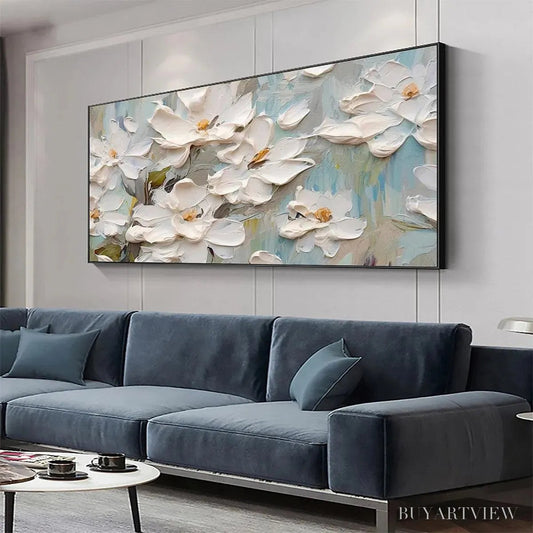BUYARTVIEW White Magnolia Blossoms – Textured Floral Painting, White Flower , Panoramic Canvas, Impressionist Decor - image 2