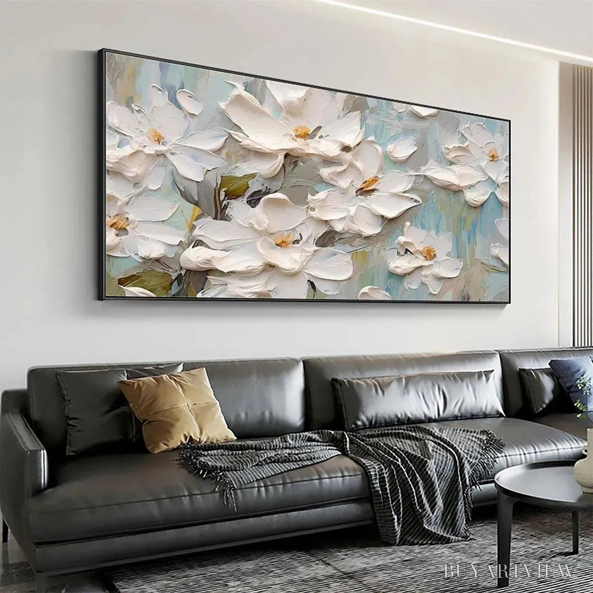 BUYARTVIEW White Magnolia Blossoms – Textured Floral Painting, White Flower , Panoramic Canvas, Impressionist Decor - image 4
