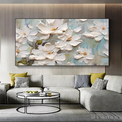BUYARTVIEW White Magnolia Blossoms – Textured Floral Painting, White Flower , Panoramic Canvas, Impressionist Decor - image 5