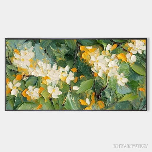 BUYARTVIEW Orange Blossom – Textured Floral Painting, White Flowers , Panoramic Canvas, Impressionist Decor - image 1