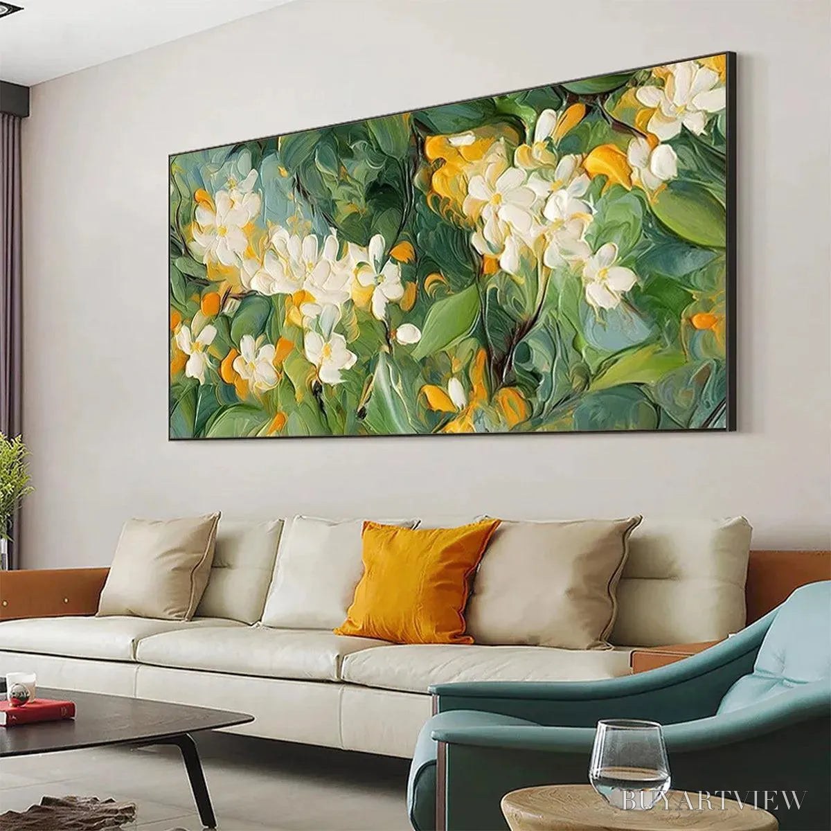 BUYARTVIEW Orange Blossom – Textured Floral Painting, White Flowers , Panoramic Canvas, Impressionist Decor - image 4