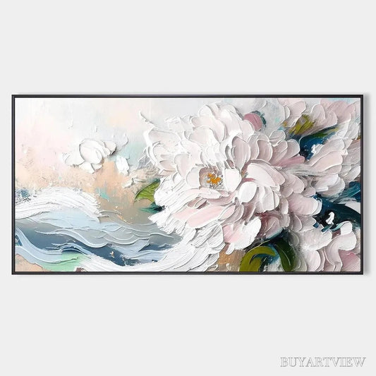 BUYARTVIEW White Peony Dream – Textured Peony Painting, Impasto Floral , Panoramic Canvas, Romantic Decor - image 1