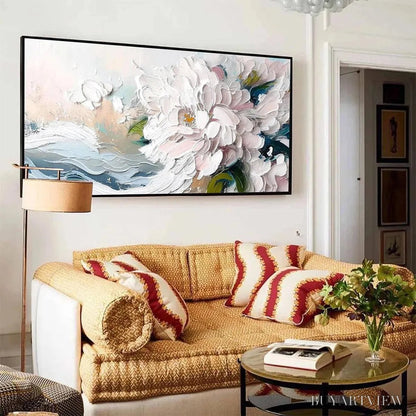 BUYARTVIEW White Peony Dream – Textured Peony Painting, Impasto Floral , Panoramic Canvas, Romantic Decor - image 2