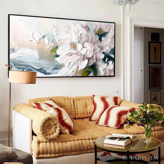 BUYARTVIEW White Peony Dream – Textured Peony Painting, Impasto Floral , Panoramic Canvas, Romantic Decor - image 2