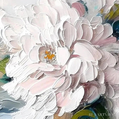 BUYARTVIEW White Peony Dream – Textured Peony Painting, Impasto Floral , Panoramic Canvas, Romantic Decor - image 3