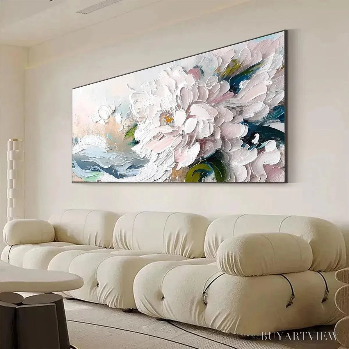 BUYARTVIEW White Peony Dream – Textured Peony Painting, Impasto Floral , Panoramic Canvas, Romantic Decor - image 4