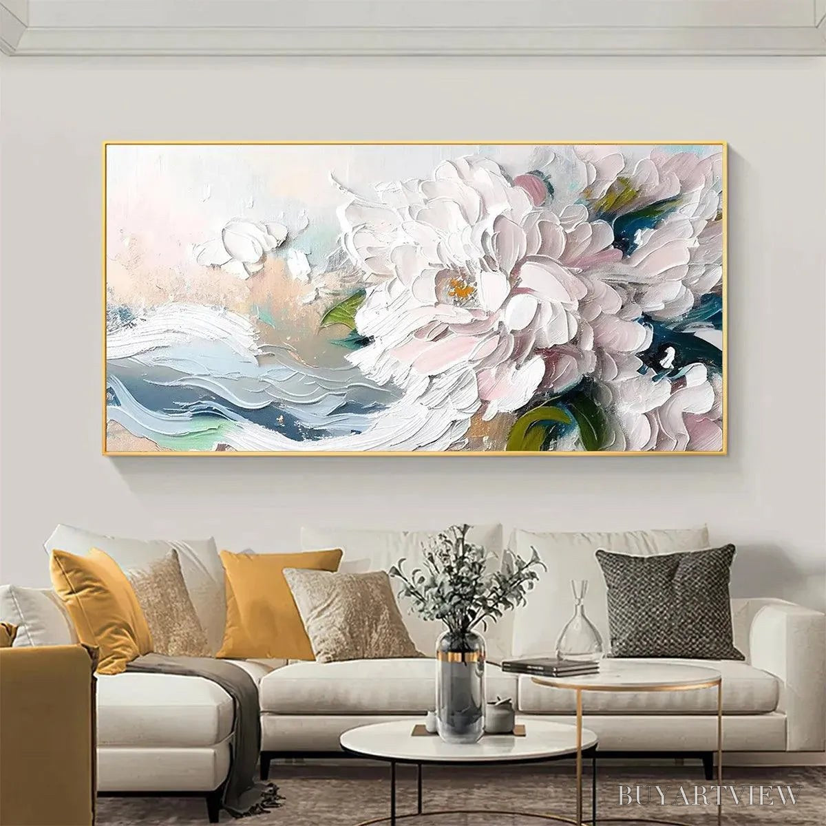BUYARTVIEW White Peony Dream – Textured Peony Painting, Impasto Floral , Panoramic Canvas, Romantic Decor - image 5