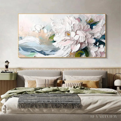 BUYARTVIEW White Peony Dream – Textured Peony Painting, Impasto Floral , Panoramic Canvas, Romantic Decor - image 6