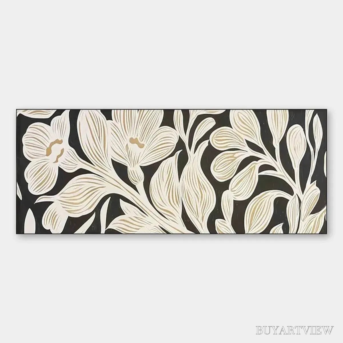 BUYARTVIEW Golden Floral Panoramic – Floral Painting, Panoramic , Black and Gold Decor - image 1