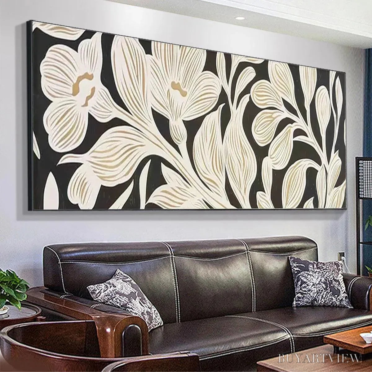 BUYARTVIEW Golden Floral Panoramic – Floral Painting, Panoramic , Black and Gold Decor - image 4