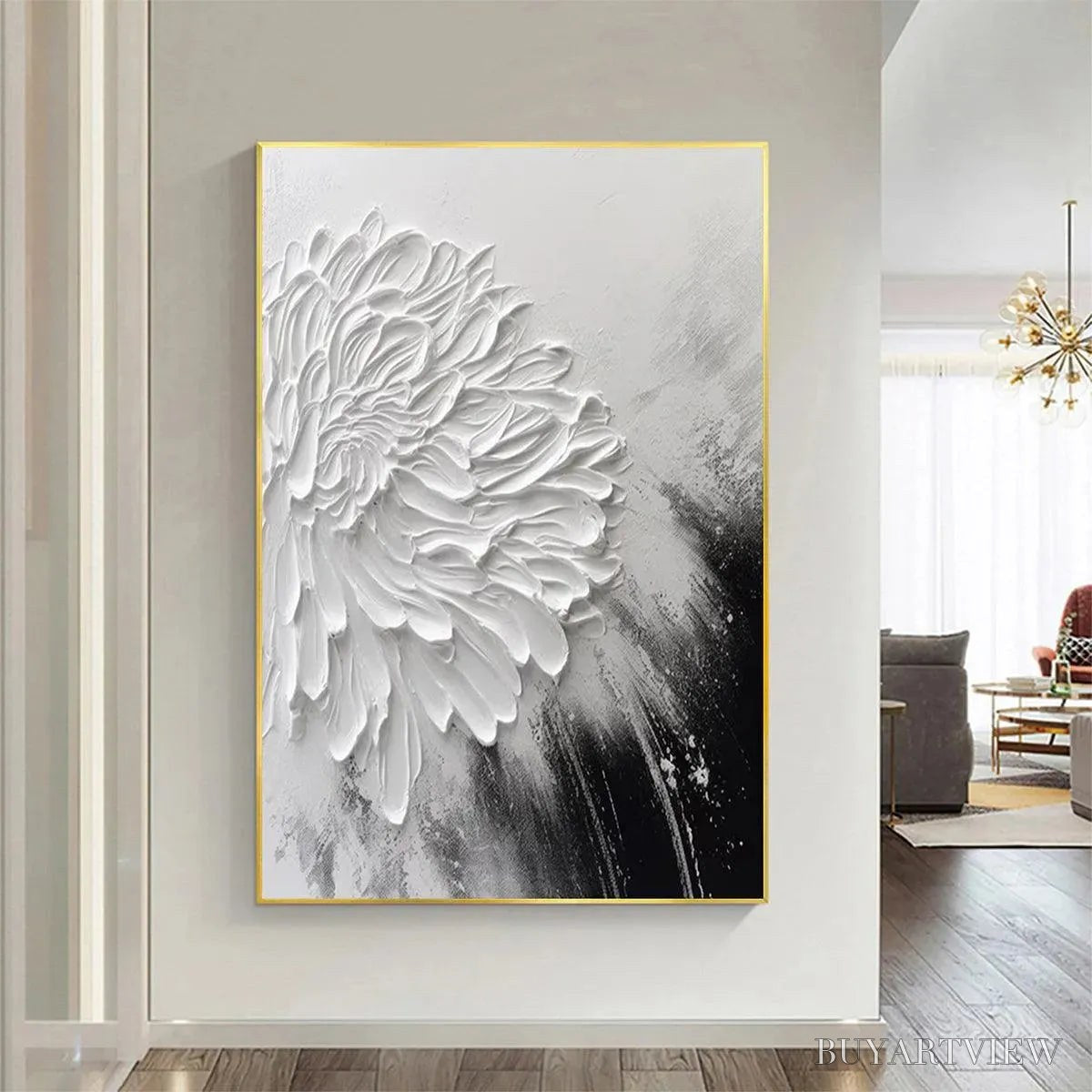 BUYARTVIEW White Textured Bloom – 3D Floral Impasto Painting, Vertical - image 2
