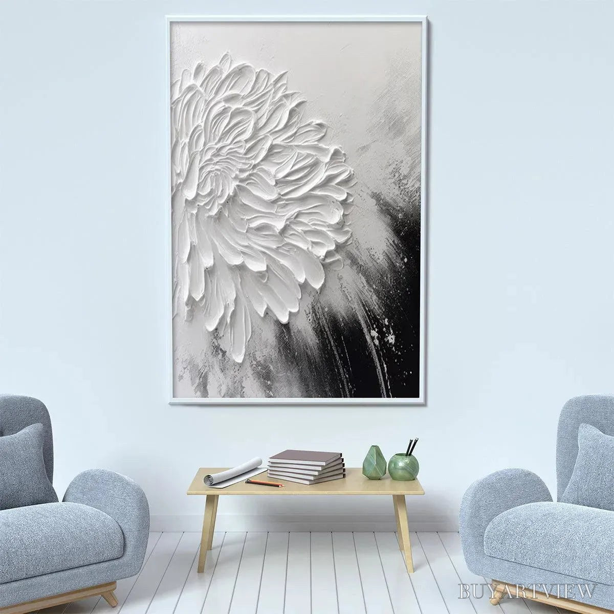 BUYARTVIEW White Textured Bloom – 3D Floral Impasto Painting, Vertical - image 5