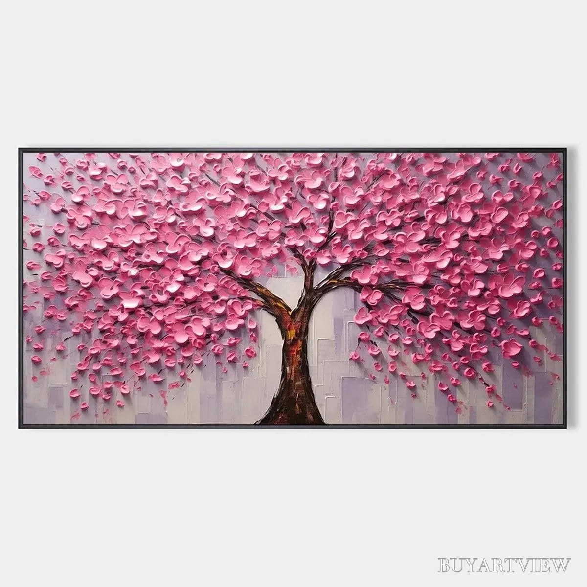 BUYARTVIEW Pink Blossom Abundance – Textured Impasto Cherry Blossom Tree Painting, Horizontal - image 1