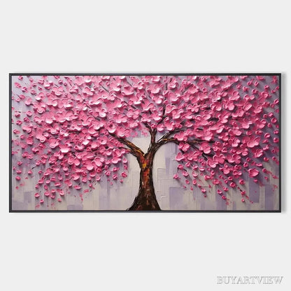 BUYARTVIEW Pink Blossom Abundance – Textured Impasto Cherry Blossom Tree Painting, Horizontal - image 1