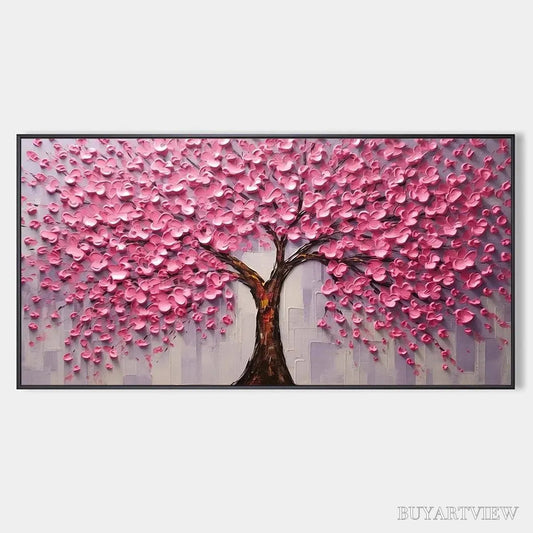 BUYARTVIEW Pink Blossom Abundance – Textured Impasto Cherry Blossom Tree Painting, Horizontal - image 1