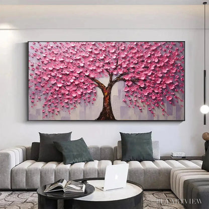 BUYARTVIEW Pink Blossom Abundance – Textured Impasto Cherry Blossom Tree Painting, Horizontal - image 2