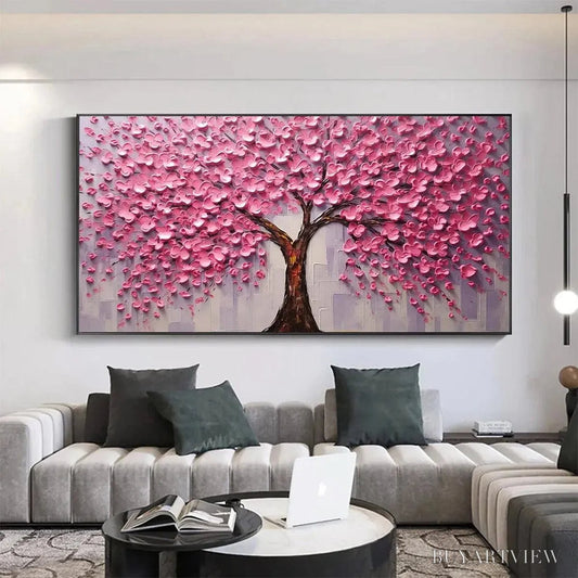 BUYARTVIEW Pink Blossom Abundance – Textured Impasto Cherry Blossom Tree Painting, Horizontal - image 2