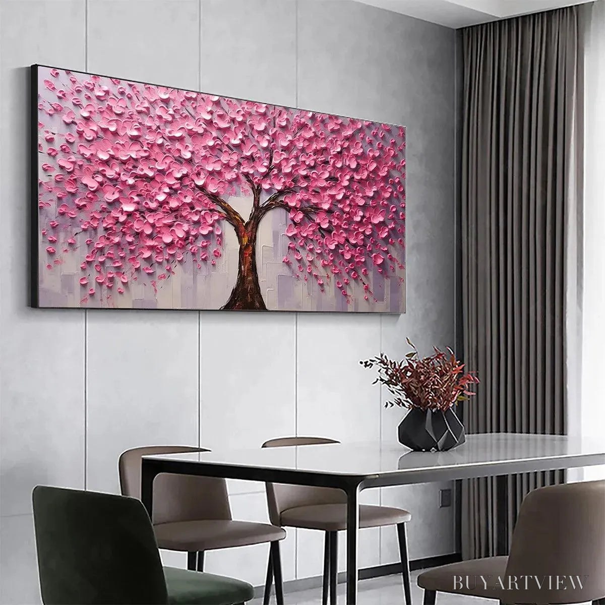 BUYARTVIEW Pink Blossom Abundance – Textured Impasto Cherry Blossom Tree Painting, Horizontal - image 4