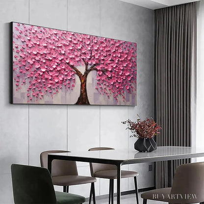 BUYARTVIEW Pink Blossom Abundance – Textured Impasto Cherry Blossom Tree Painting, Horizontal - image 4