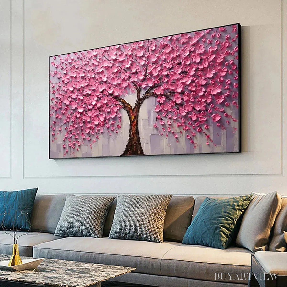 BUYARTVIEW Pink Blossom Abundance – Textured Impasto Cherry Blossom Tree Painting, Horizontal - image 5
