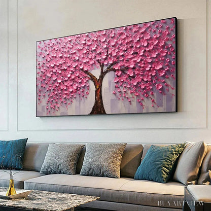 BUYARTVIEW Pink Blossom Abundance – Textured Impasto Cherry Blossom Tree Painting, Horizontal - image 5