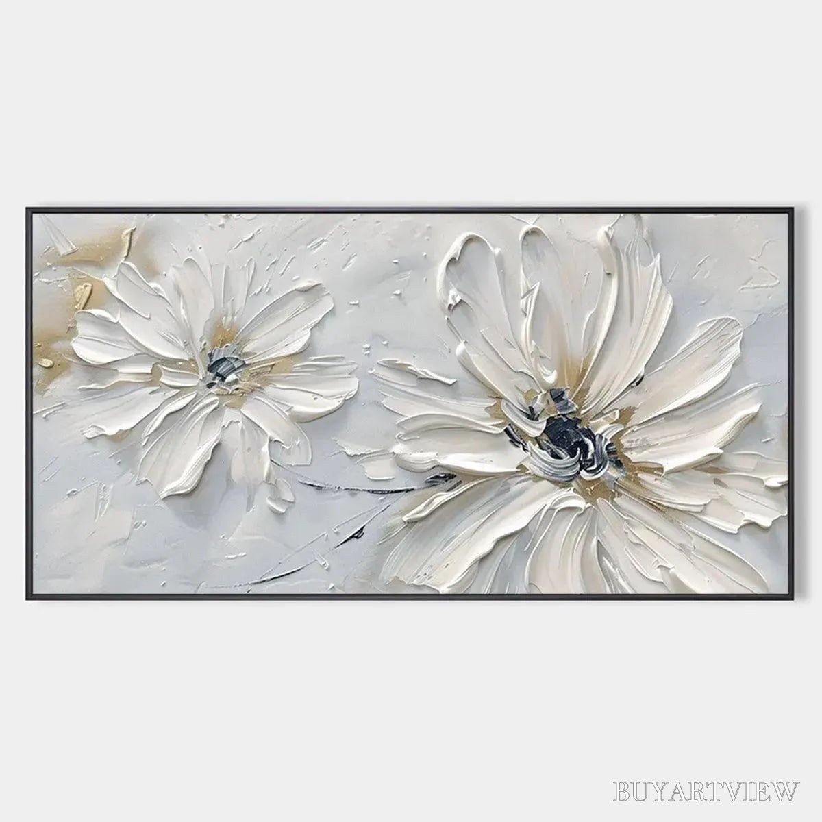 BUYARTVIEW White Blossom Serenity – Textured White Floral Painting, Horizontal - image 1