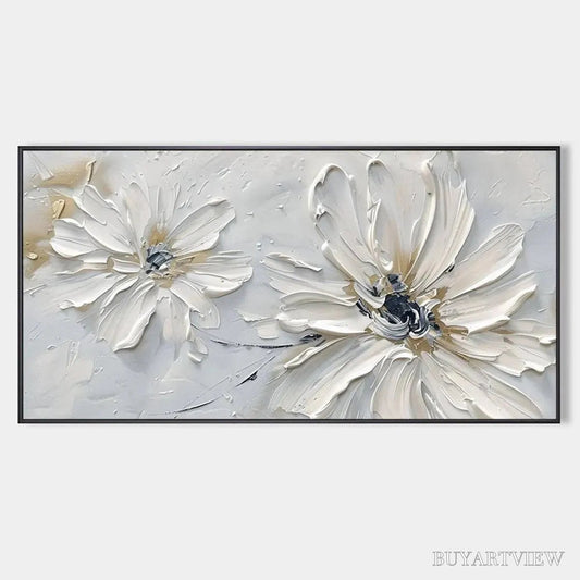 BUYARTVIEW White Blossom Serenity – Textured White Floral Painting, Horizontal - image 1