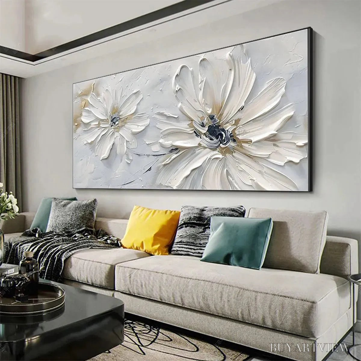 BUYARTVIEW White Blossom Serenity – Textured White Floral Painting, Horizontal - image 5